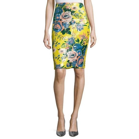 Diane Von Furstenberg Dresses & Skirts - Diane Von Furstenberg Sequin Pencil Skirt Yellow Floral Embellished Size 8 DVF